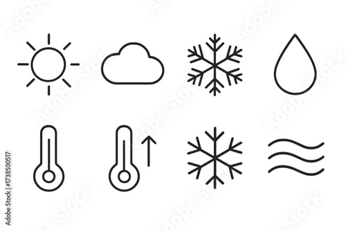 Weather Icon Set. Outline icon set of thermometer related weather symbols: sun, cloud, snowflake, raindrop, wind, thermometer with arrow, frost, heat waves.
