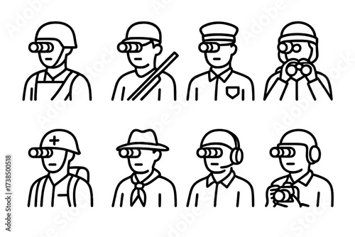 Night Vision Icon Set. Outline icon set of night vision users: soldier, hunter, security guard, wildlife observer, search team, scout, pilot, photographer.