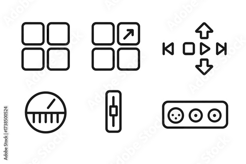 MIDI Pad Icon Set. Outline icon set of MIDI pad features: drum pad, velocity pad, transport controls, octave shift, modulation wheel, volume slider, tempo