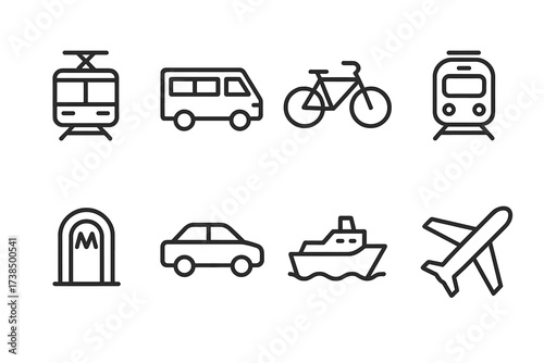 Ukrainian Transport Icons. Outline icon set of Ukrainian transportation: tram, marshrutka minibus, bicycle, train, metro entrance, car, ferry, airplane. Line