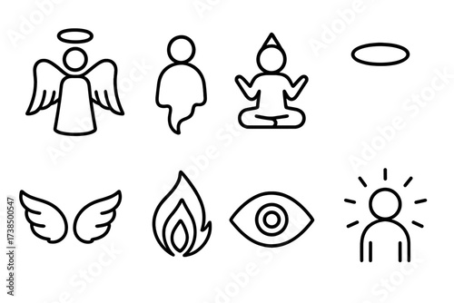 Divine Icons Collection. Outline icon set of divine beings: angel, spirit, deity, halo, wings, sacred flame, third eye, glowing aura. [Line icons in only black