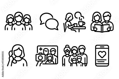 Aunt's Social Icons. Outline icon set of aunt?s social life: friends, chatting, coffee meetup, book club, phone call, group photo, family gathering, social