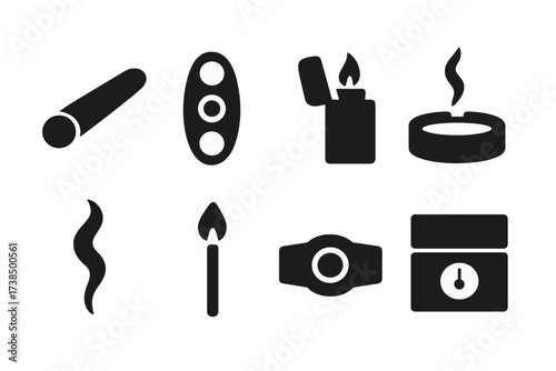 Cigar Essentials Icons. Solid, filled icon set of cigar basics: cigar, cigar cutter, lighter, ashtray, smoke, matchstick, cigar band, humidor. Solid, filled