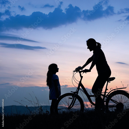 Silhouette of mother with her daughter and bicycle  in the sunset.