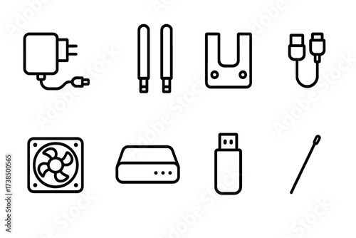 Router Accessory Icons. Outline icon set of router accessories: power adapter, antennas, mounting bracket, network cable, cooling fan, external modem, USB