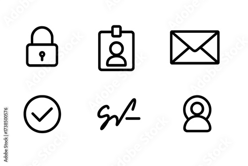 Mail Security Icons. Outline icon set of mail sender security: lock icon, ID badge, fingerprint, mail envelope, verified badge, signature, security shield,