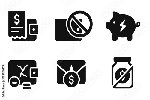 Empty Wallet Icons. Solid, filled icon set of empty wallet scenarios: unpaid bills, rejected transaction, empty piggy bank, lack of coins, wallet with cracks,
