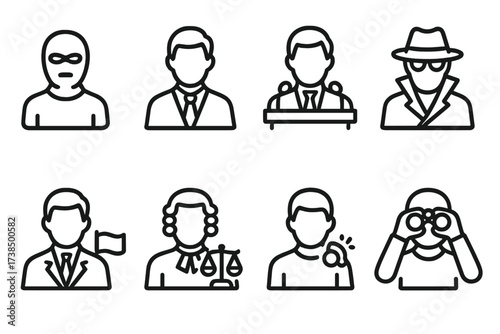 Hidden Agenda Icons. Outline icon set of hidden agenda participants: masked person, businessman, politician, spy, diplomat, lawyer, whistleblower, observer.