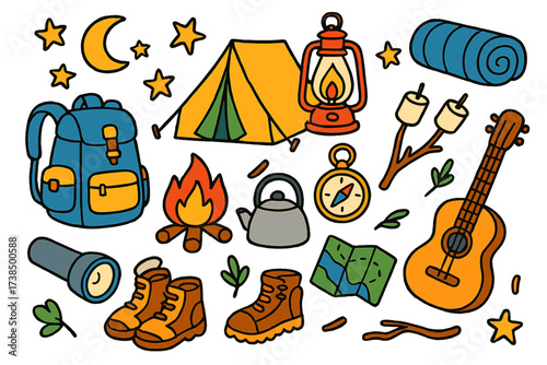 Vibrant Camping Doodle. Camping. Colorful Hand-drawn doodle Children illustration tent, backpack, campfire, lantern, sleeping bag, marshmallows, flashlight,