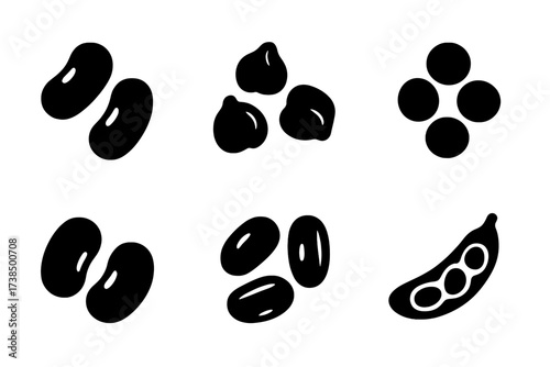 Legume Icon Set. Solid, filled icon set of legumes: kidney beans, chickpeas, lentils, black beans, navy beans, pinto beans, soybeans, mung beans. [Line icons