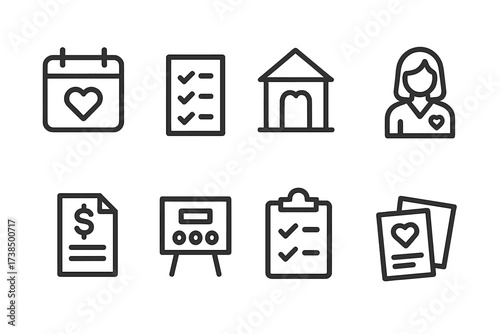 Wedding Icons Set. Outline icon set of wedding planning: calendar, checklist, venue, wedding planner, budget, seating chart, checklist clipboard, RSVP card.