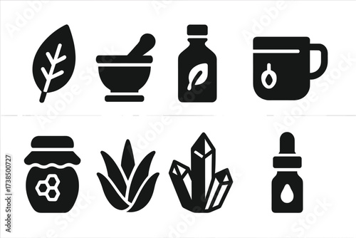 Natural Remedies Icons. Solid, filled icon set of natural remedies: herb leaf, mortar and pestle, tincture bottle, herbal tea, honey jar, aloe vera, crystals,