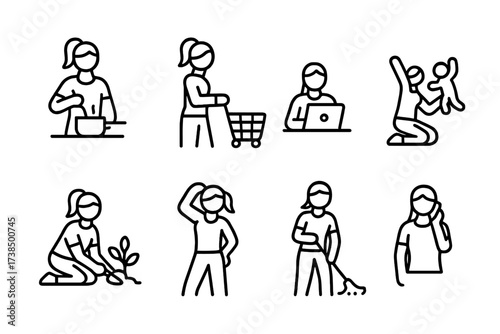 Mother's Daily Icons. Outline icon set of mother?s daily life: cooking, grocery shopping, working on laptop, playing with child, gardening, exercising,