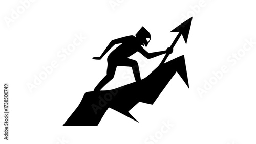 Silhouette of a person climbing an upward trending arrow graph holding another arrow in their hand