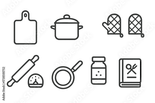 Dinner Prep Icons. Outline icon set of dinner preparation: chopping board, cooking pot, frying pan, oven mitts, rolling pin, kitchen timer, spice jar, recipe