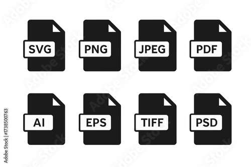 Logo File Format Icons. Solid, filled icon set of logo file formats: SVG, PNG, JPEG, PDF, AI, EPS, TIFF, PSD. [Line icons in only black color. All icons