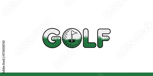Golf typography logo with grass golf ball flag and green course elements in vector format