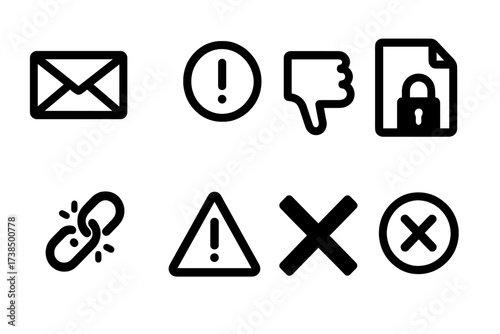 Refusal Icons Grid. Solid, filled icon set of refusal notification: closed envelope, error alert, crossed circle, thumbs down, locked file, broken chain,