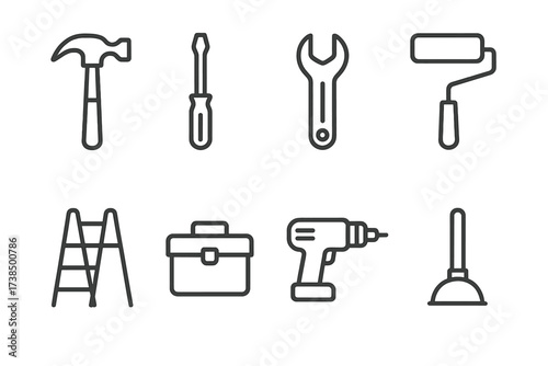 Home Maintenance Icons. Outline icon set of home maintenance: hammer, screwdriver, wrench, paint roller, ladder, toolbox, drill, plunger. Line icons in only