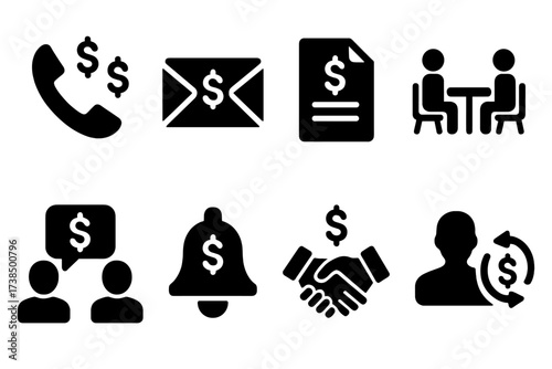 Creditor Communication Icons. Solid, filled icon set of creditor communication: phone call, email, letter, meeting, negotiation, reminder, agreement,
