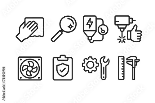 Laser Maintenance Icons. Outline icon set of laser maintenance: cleaning cloth, lens cleaning, power check, beam adjustment, cooling system check, safety