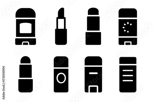 Stick Cosmetics Icon Set. Solid, filled icon set of stick cosmetics: deodorant stick, lip balm stick, foundation stick, sunscreen stick, blush stick, concealer