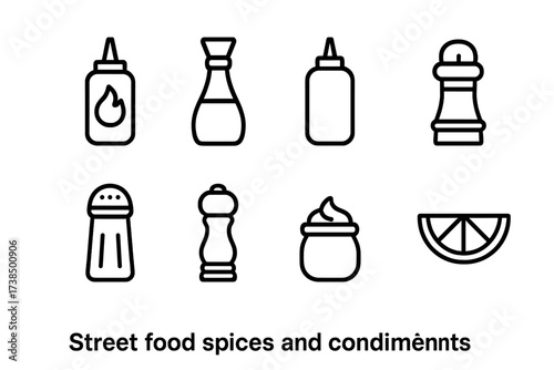Street Food Icons. Outline icon set of street food spices and condiments: chili sauce, soy sauce, mustard, ketchup, salt shaker, pepper grinder, garlic sauce,