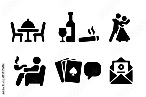 Gentleman Social Life Icons. Solid, filled icon set of gentleman social life: dinner table, wine bottle, cigar, ballroom dance, smoking lounge, card game,
