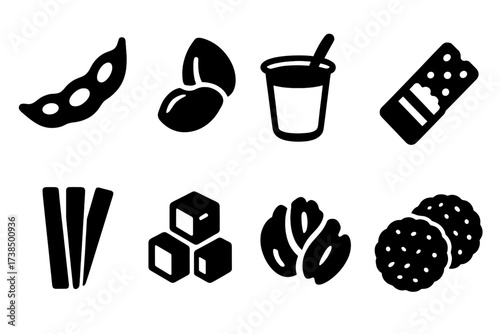 Healthy Snack Icons. Solid, filled icon set of healthy snacks: edamame, nuts, fruit slices, yogurt cup, granola bar, carrot sticks, cheese cubes, rice cakes.