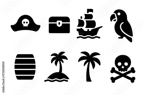 Pirate Icon Grid. Solid, filled icon set of rum cultural elements: pirate hat, treasure chest, sailing ship, parrot, rum barrel, tropical island, palm tree,