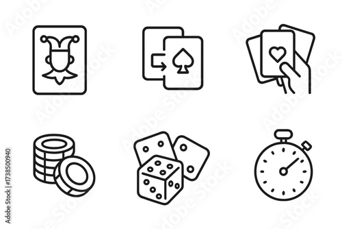 Card Game Icons. Outline icon set of card shuffle wildcards: joker card, playing cards, shuffle deck, card hand, poker chips, dice, trophy, timer. Line icons