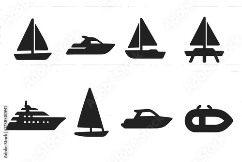 Yacht Icon Set. Solid, filled icon set of yacht types: sailing yacht, motor yacht, catamaran, trimaran, superyacht, racing yacht, cabin cruiser, inflatable