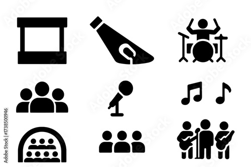 Drum Performance Icons. Solid, filled icon set of drum skin performance: stage, spotlight, drummer silhouette, audience, microphone, music notes, concert hall,