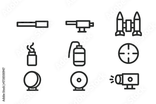 Armored Vehicle Icons. Outline icon set of armored vehicle weaponry: main gun, coaxial machine gun, grenade launcher, missile launcher, smoke