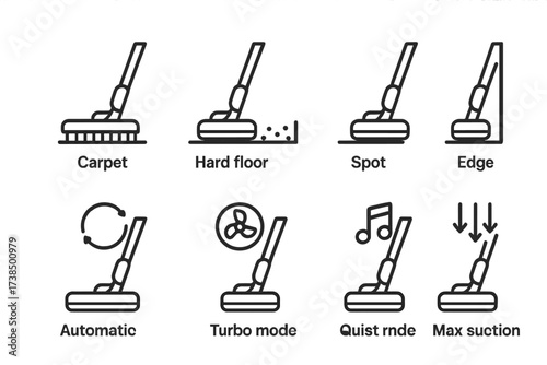 Vacuum Cleaner Icon Set. Outline icon set of vacuum cleaner cleaning modes: carpet cleaning, hard floor cleaning, spot cleaning, edge cleaning, automatic mode,