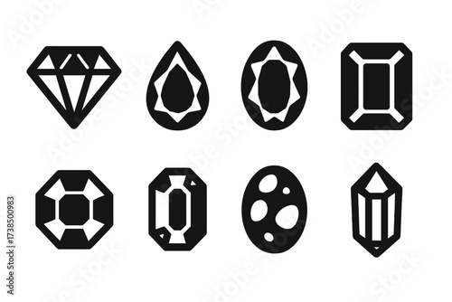 Gemstone Icon Grid. Solid, filled icon set of gemstone types: diamond, ruby, sapphire, emerald, amethyst, topaz, opal, quartz. [Line icons in only black color.