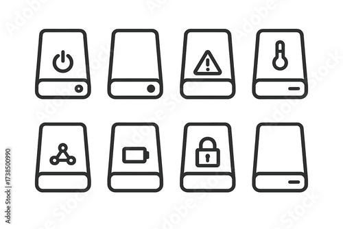 Hard Drive Icon Set. Outline icon set of hard drive indicators: power light, activity LED, error warning, temperature warning, connection status, battery