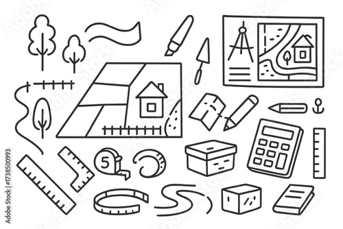 Doodle Urban Planning. Hand-drawn doodle illustration Dressing room combined with closet storage dresser, hanger, full-length mirror, clothes rack, shoe rack,