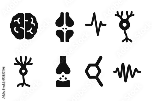 Neural Impulse Icons. Solid, filled icon set of neural impulses: brain neuron, synaptic gap, electric signal, nerve cell, dendrites, axon, neurotransmitter,