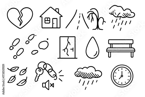 Desolate Community Icons. Hand-drawn doodle illustration mourning the disappearance of community broken heart, abandoned house, empty street, wilted tree,