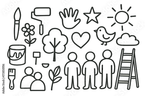 Community Mural Doodle. Hand-drawn doodle illustration Community mural wall, paintbrush, roller brush, ladder, paint bucket, tree, flower, handprint, heart,