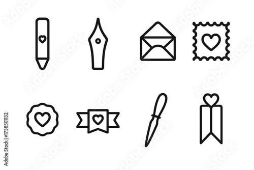Love Letter Icons. Outline icon set of love letter accessories: sealing wax stick, calligraphy nib, envelope liner, postage stamp, decorative sticker, sealing