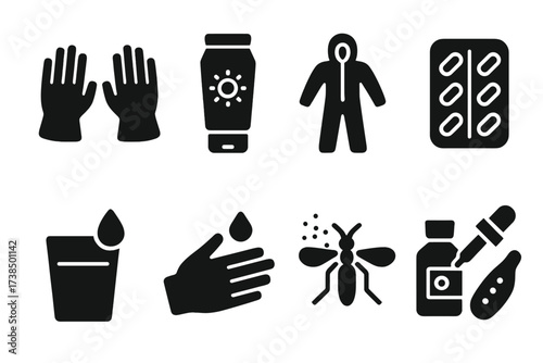 Rash Prevention Icons Layout. Solid, filled icon set of rash prevention: gloves, sunscreen, protective clothing, antihistamine, clean water, hygiene, insect