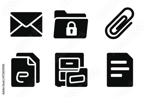 Confidential Document Icons. Solid, filled icon set of confidential documents: sealed envelope, folder with lock, classified stamp, paperclip, document stack,