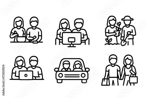Couple Lifestyle Icons. Outline icon set of couple lifestyle: cooking together, watching TV, reading books, gardening, working on laptop, traveling by car,