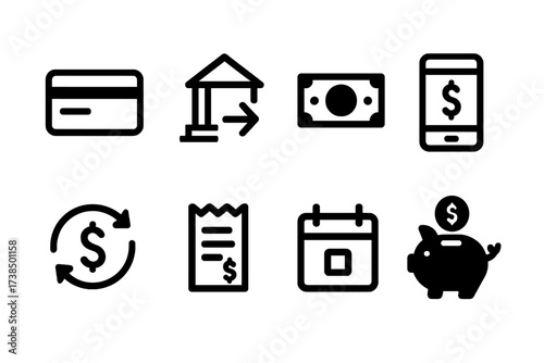 Loan Repayment Icons. Solid, filled icon set of loan repayment options: credit card, bank transfer, cash payment, mobile payment, automatic debit, receipt,