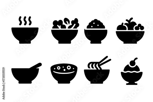 Bowl Icon Collection. Solid, filled icon set of bowls: soup bowl, salad bowl, rice bowl, fruit bowl, mixing bowl, cereal bowl, noodle bowl, dessert bowl. [Line