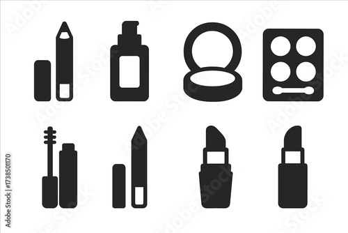 Makeup Icon Set. Solid, filled icon set of lipstick related makeup: lip liner, foundation, blush, eyeshadow, mascara, eyeliner, highlighter, contour stick.