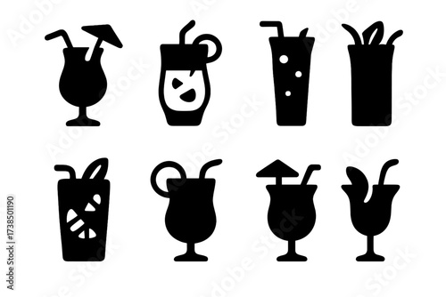 Tropical Cocktail Icons. Solid, filled icon set of tropical cocktails: pina colada, mai tai, blue lagoon, zombie, mojito, rum punch, painkiller, banana