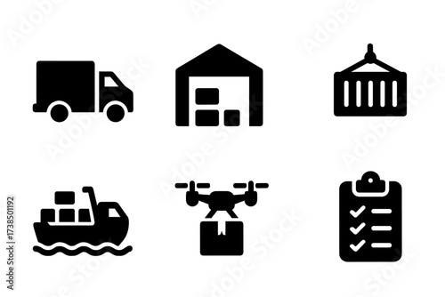 Market Logistics Icons. Solid, filled icon set of market logistics: delivery truck, warehouse, shipping container, forklift, cargo ship, drone delivery,
